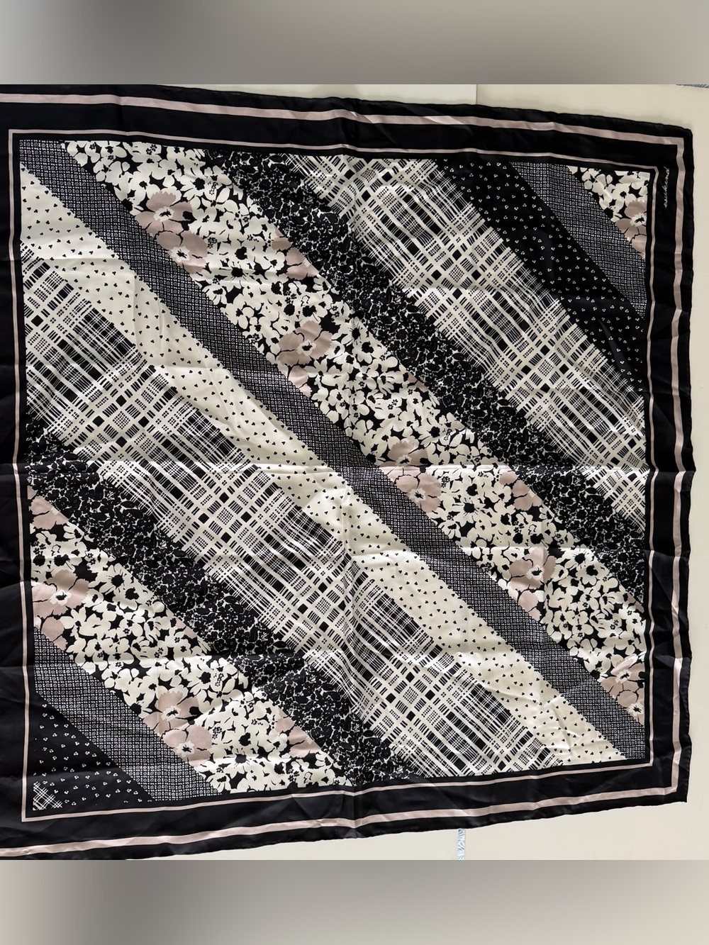 MaxMara Black, White and Blush Diagonal Patchwork Scarf 100% Silk